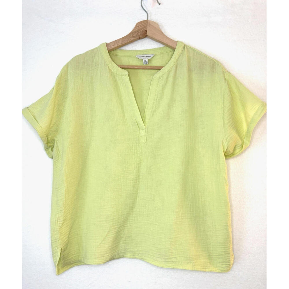 Lucky Brand Lemon Yellow Popover Woven Gauze Short Sleeve Split V Neck Sz S EUC